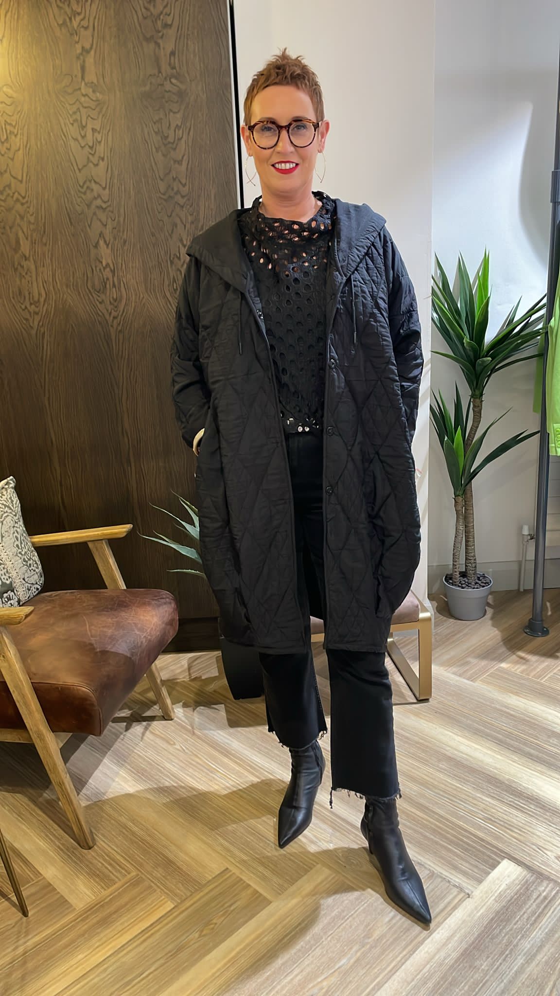 Jacquard Coat with Hood in Black