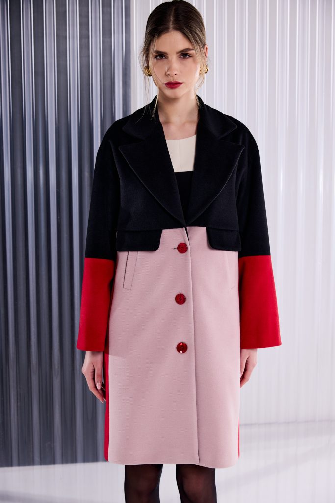 Colour Block Single Breasted Coat in Black/Poppy Red