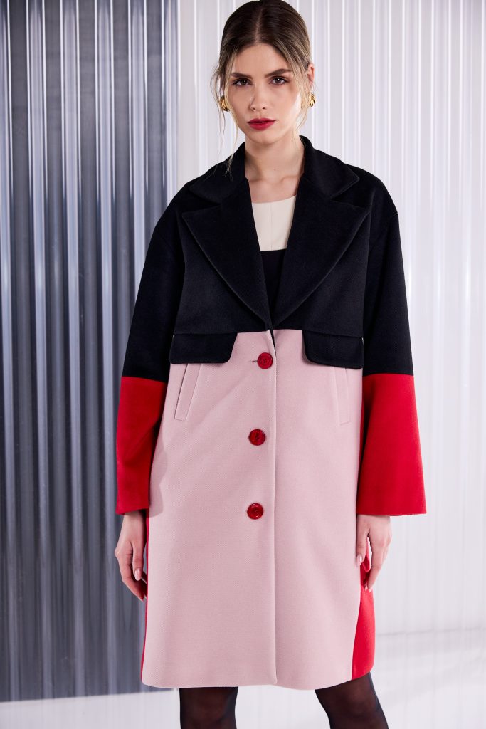 Colour Block Single Breasted Coat in Black/Poppy Red