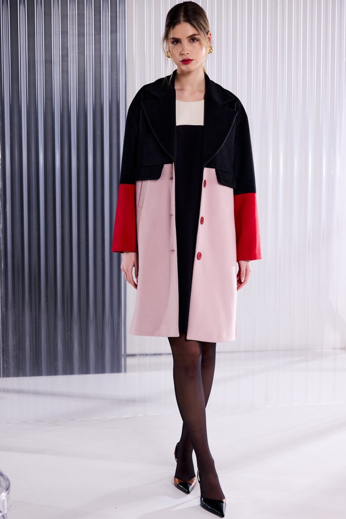 Colour Block Single Breasted Coat in Black/Poppy Red