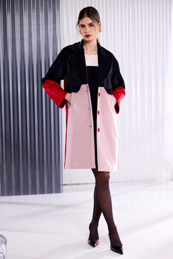 Colour Block Single Breasted Coat in Black/Poppy Red