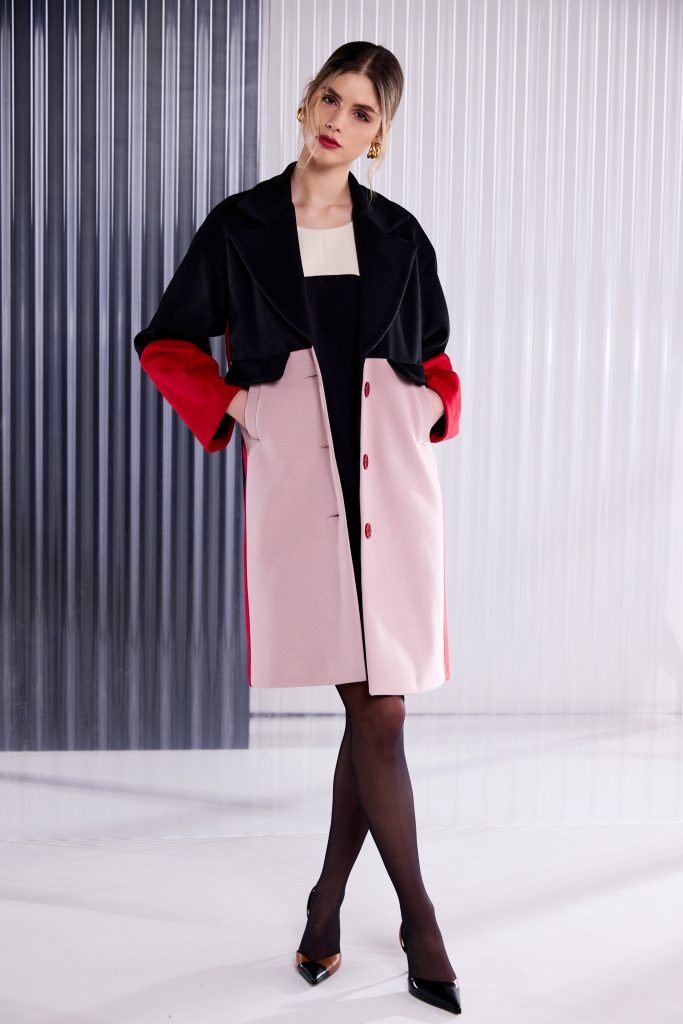 Colour Block Single Breasted Coat in Black/Poppy Red