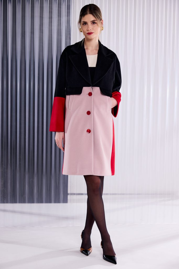 Colour Block Single Breasted Coat in Black/Poppy Red