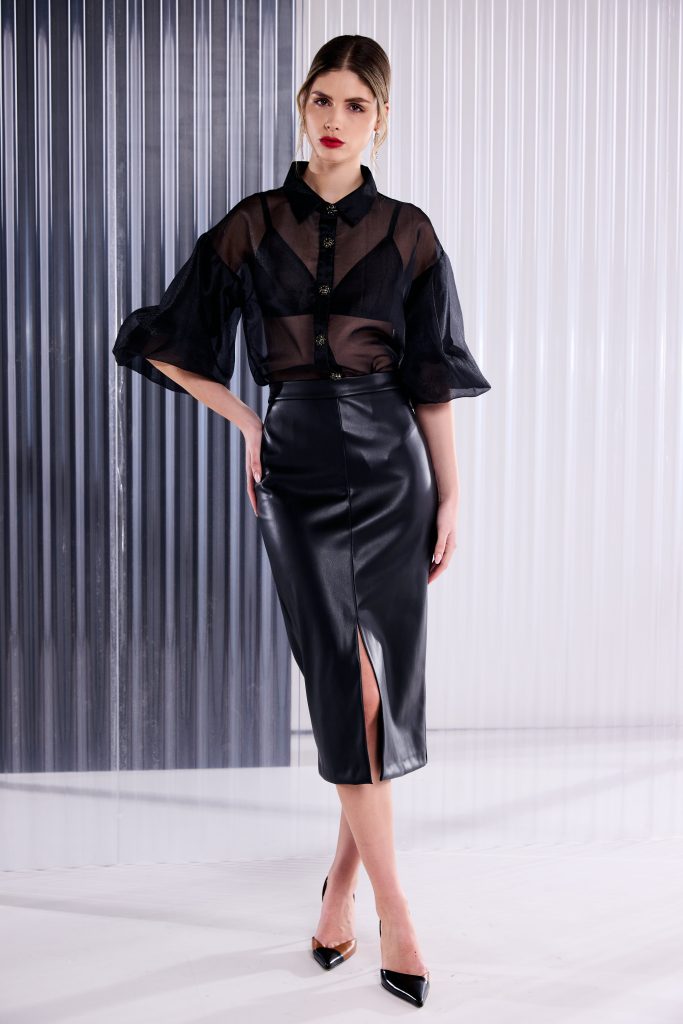 Leatherette Straight Skirt With Front Slit in Black