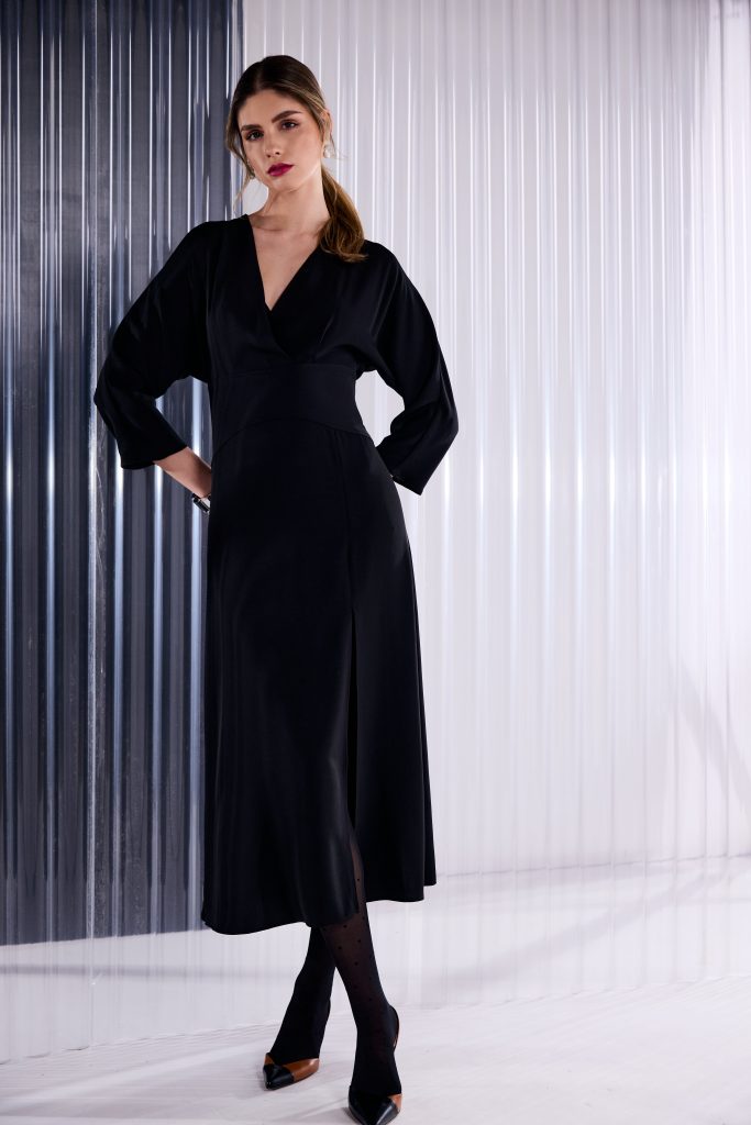 Wrap Over Flared Dress With Slit in Black