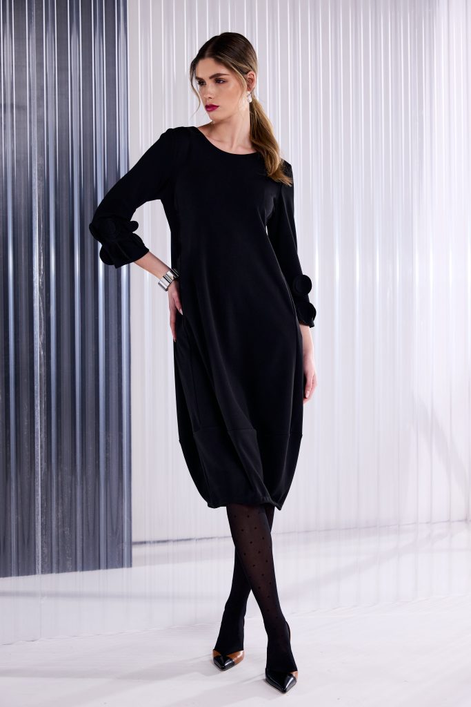 Balloon Shape Dress With Scallop Detail On Sleeve in Black