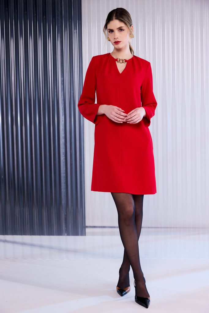Cut Neckline Dress With Clasp Detail in Poppy Red