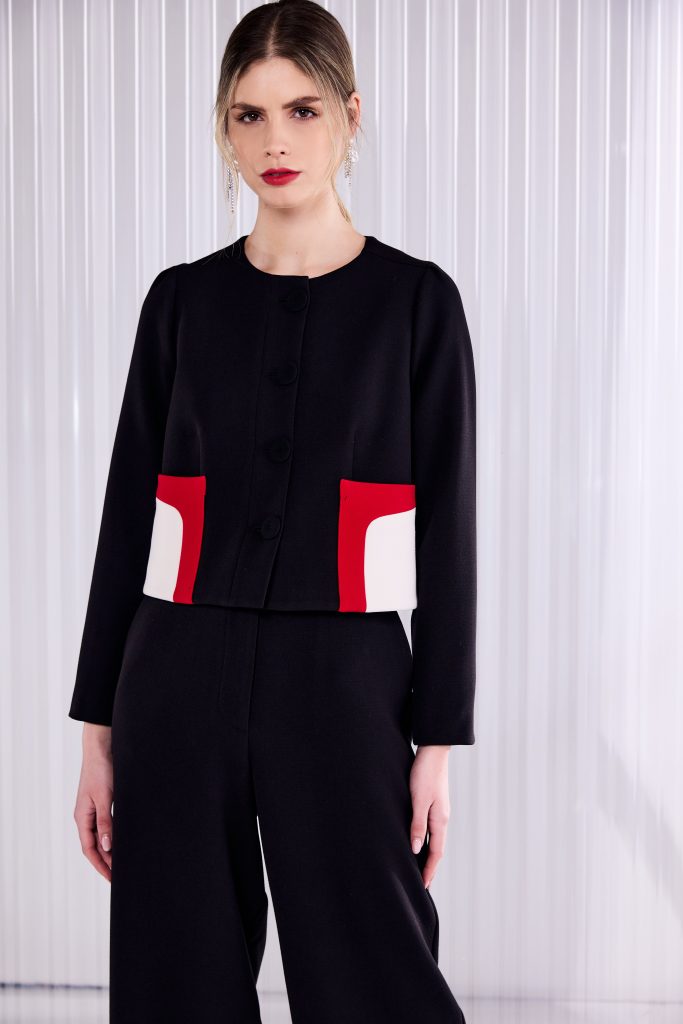 Short Jacket With Contrast Colour Pocket Panels in Black/Poppy Red