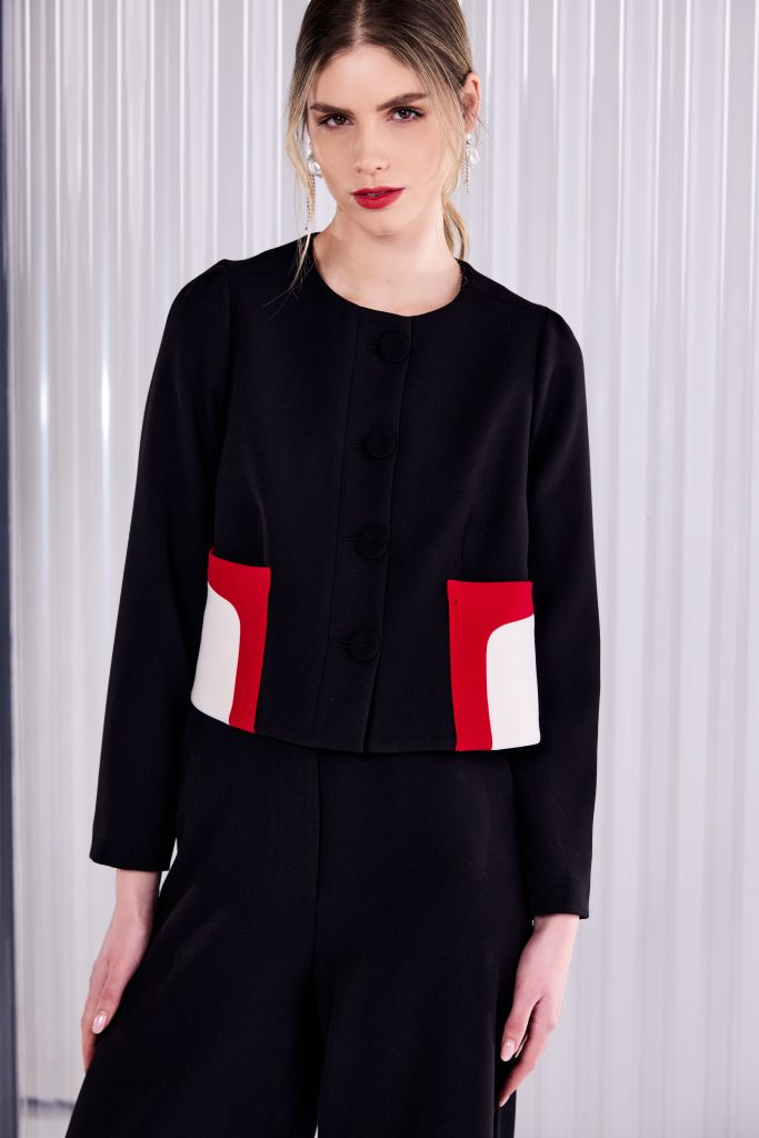Short Jacket With Contrast Colour Pocket Panels in Black/Poppy Red