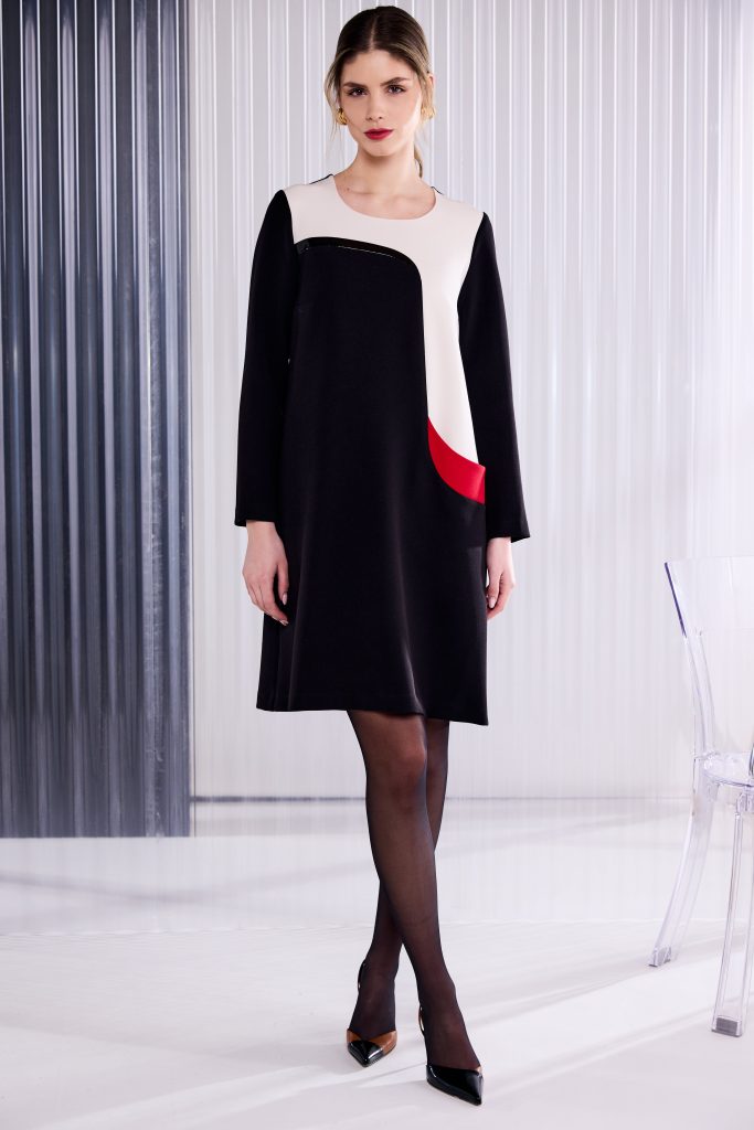 Round Neck Dress With Curved Colour Panel in Black/Poppy Red