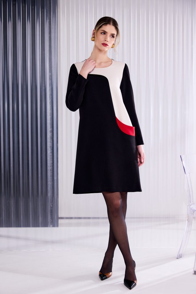 Round Neck Dress With Curved Colour Panel in Black/Poppy Red