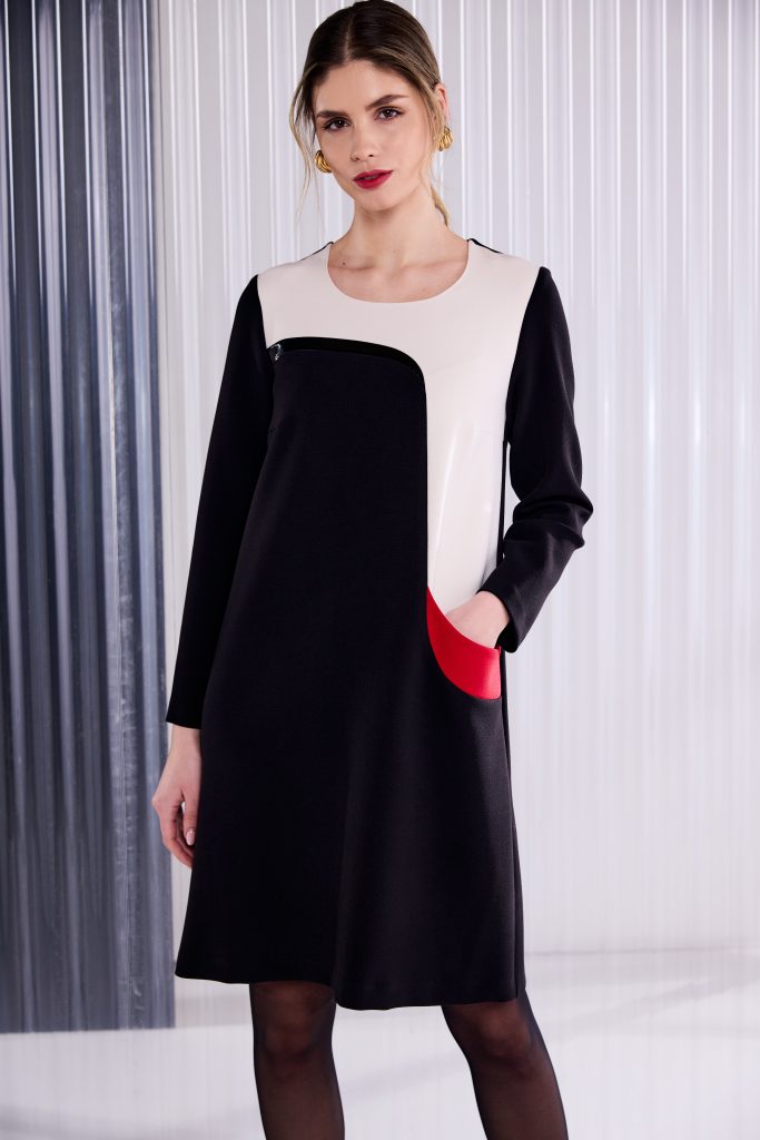 Round Neck Dress With Curved Colour Panel in Black/Poppy Red