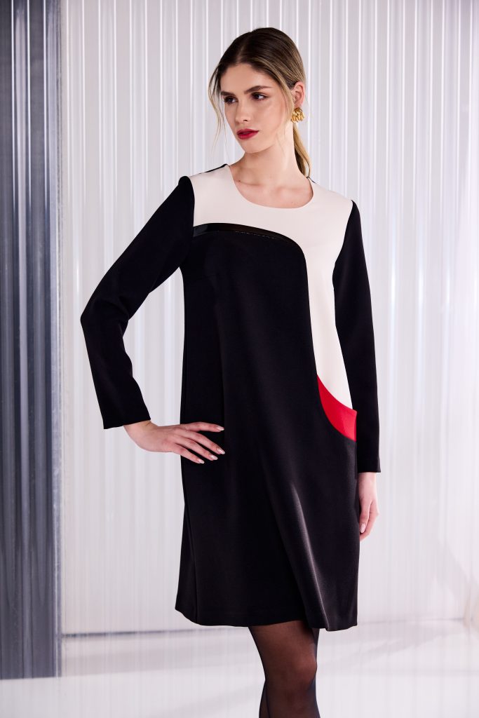 Round Neck Dress With Curved Colour Panel in Black/Poppy Red