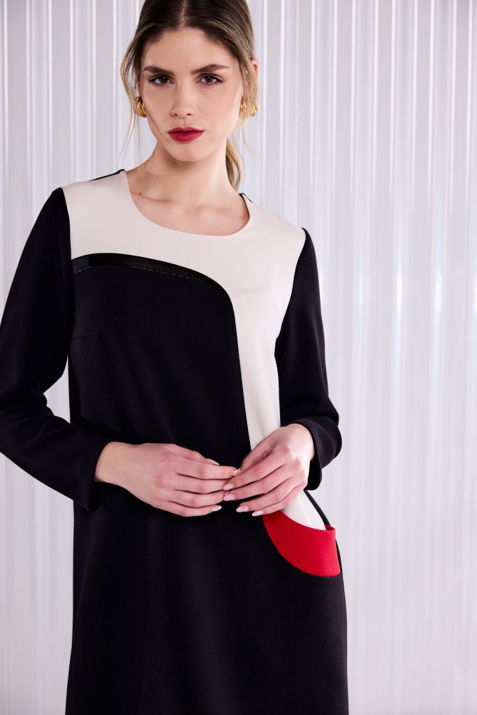 Round Neck Dress With Curved Colour Panel in Black/Poppy Red