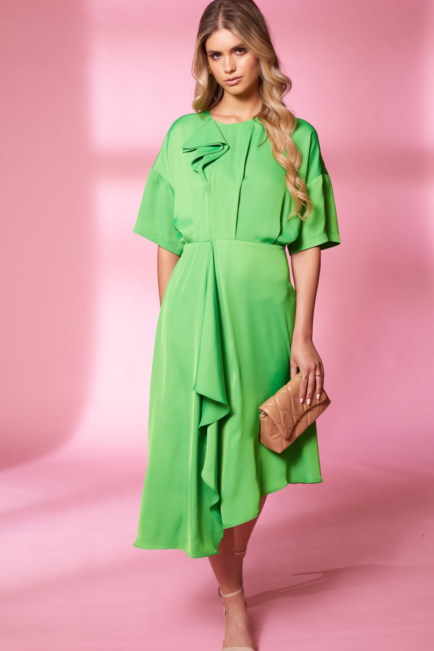 Angle Hem Dress with Frill Detail in Apple Green
