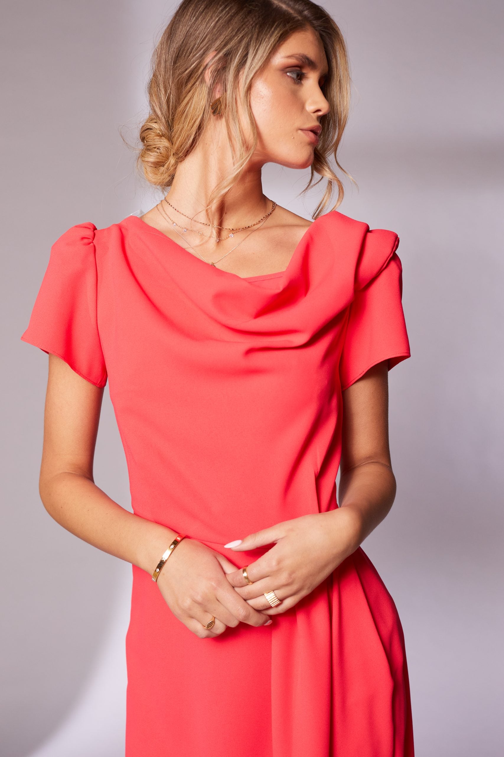 Drape Neck Dress with Pleat Waist in Chilli Red