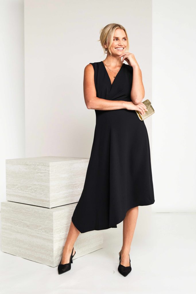 Sleeveless Vee Neck Dress With Angled Hemline in Black