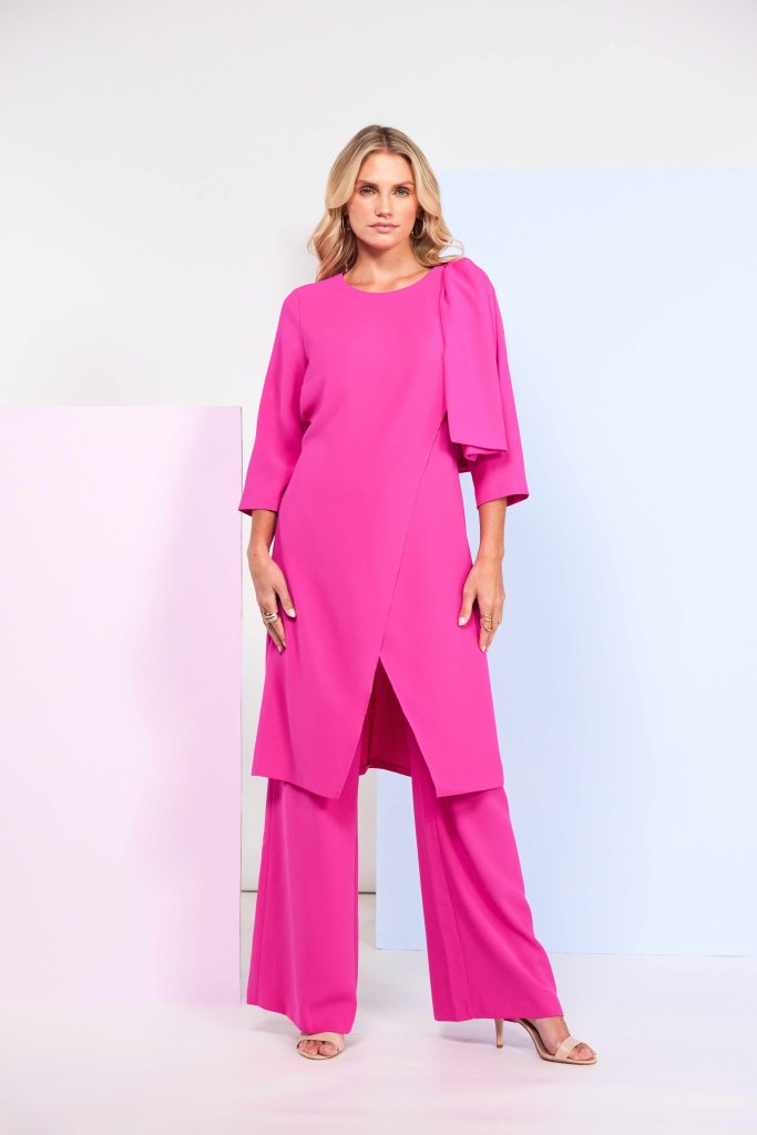 Round Neck Tunic Top With Shoulder Bow Detail in Hot Pink