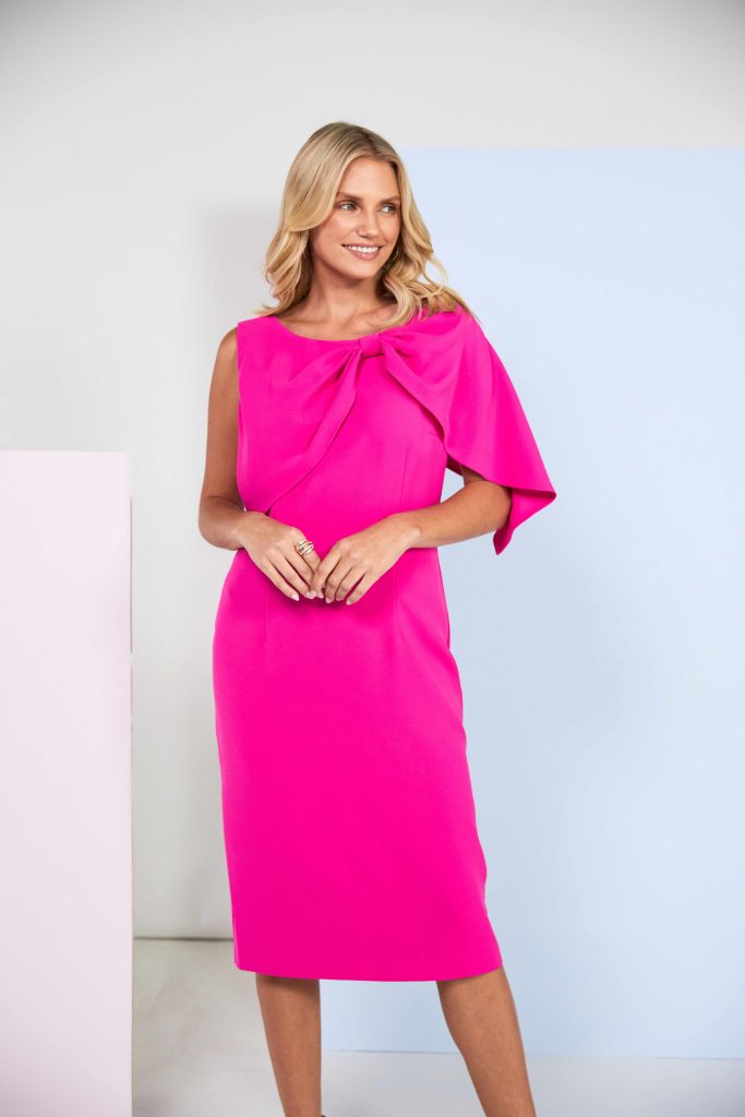 Plain Dress With Pleated Bow Cape in Hot Pink