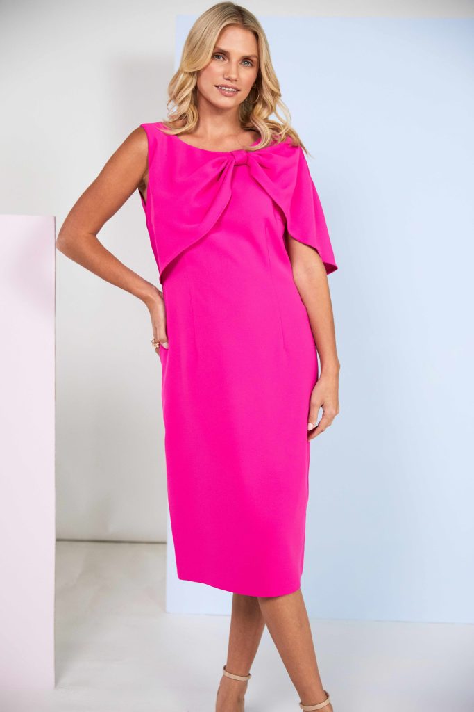 Plain Dress With Pleated Bow Cape in Hot Pink