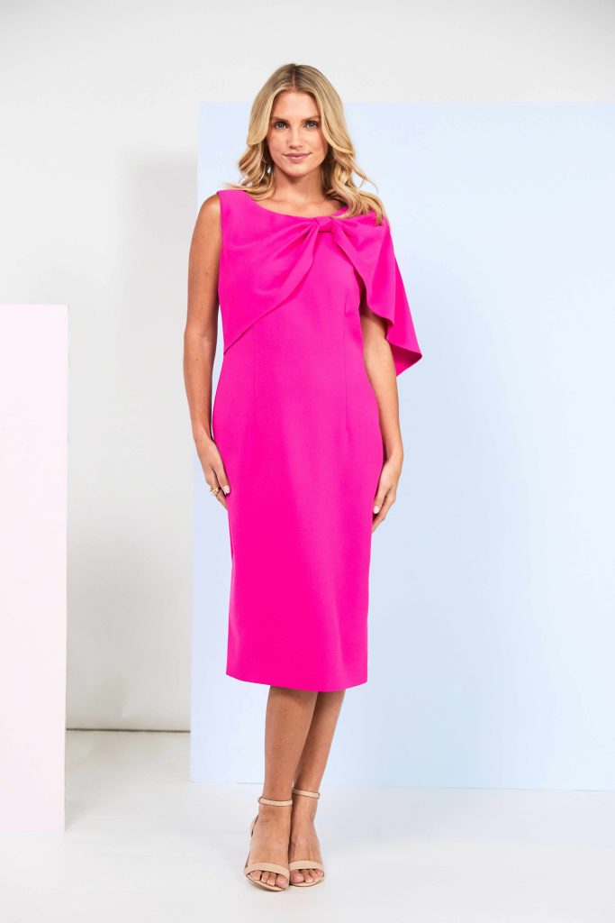 Plain Dress With Pleated Bow Cape in Hot Pink