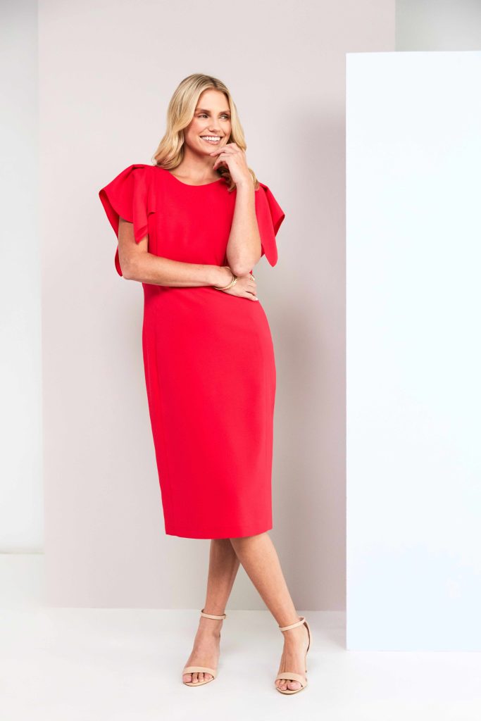 Dress With Box Pleated Frill Effect Sleeve in Poppy Red