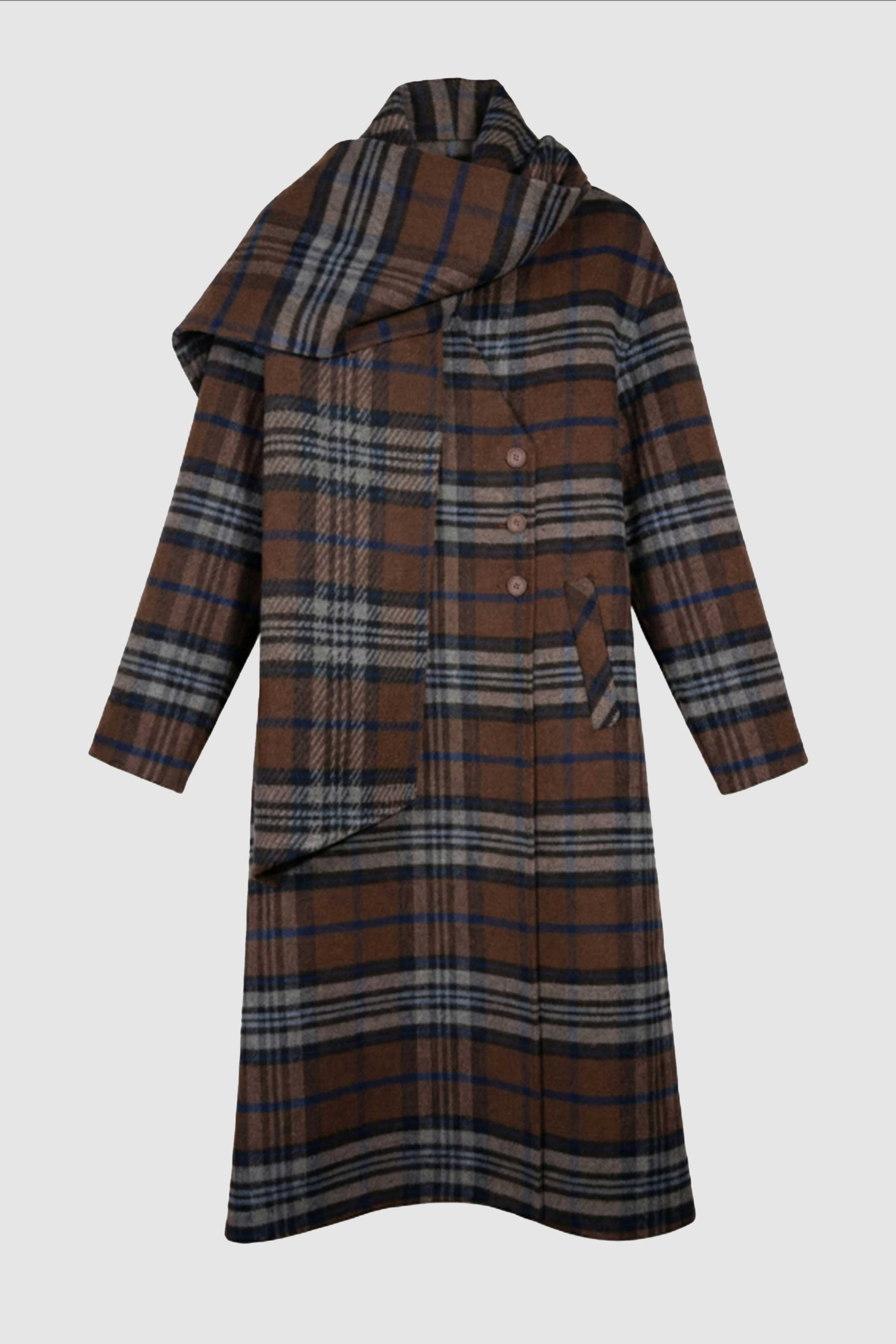 Komicho-A Check Wool Blend Coat with Scarf in Chocolate