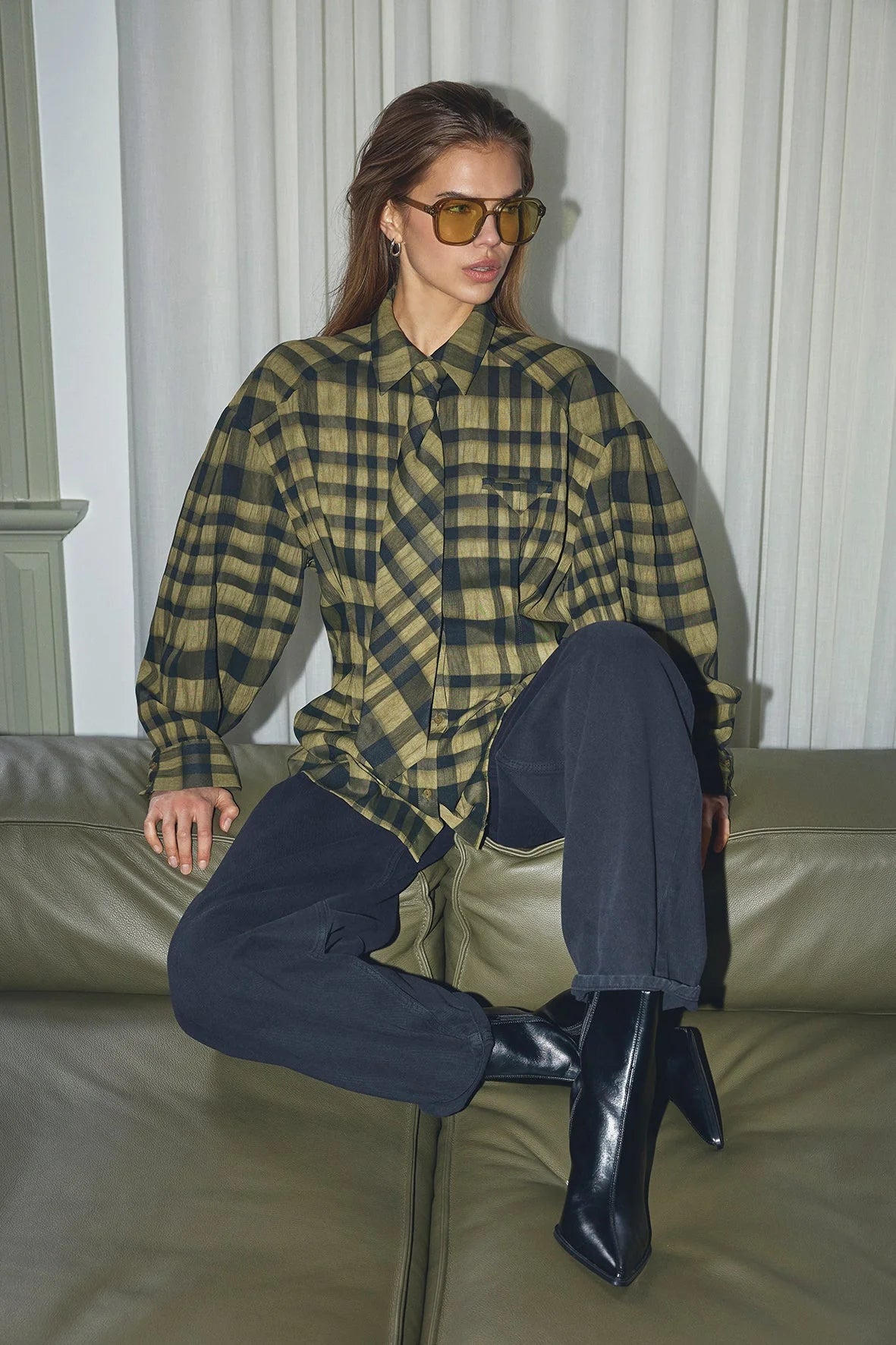 Kyelcc Check Tie Pleat Shirt in Army
