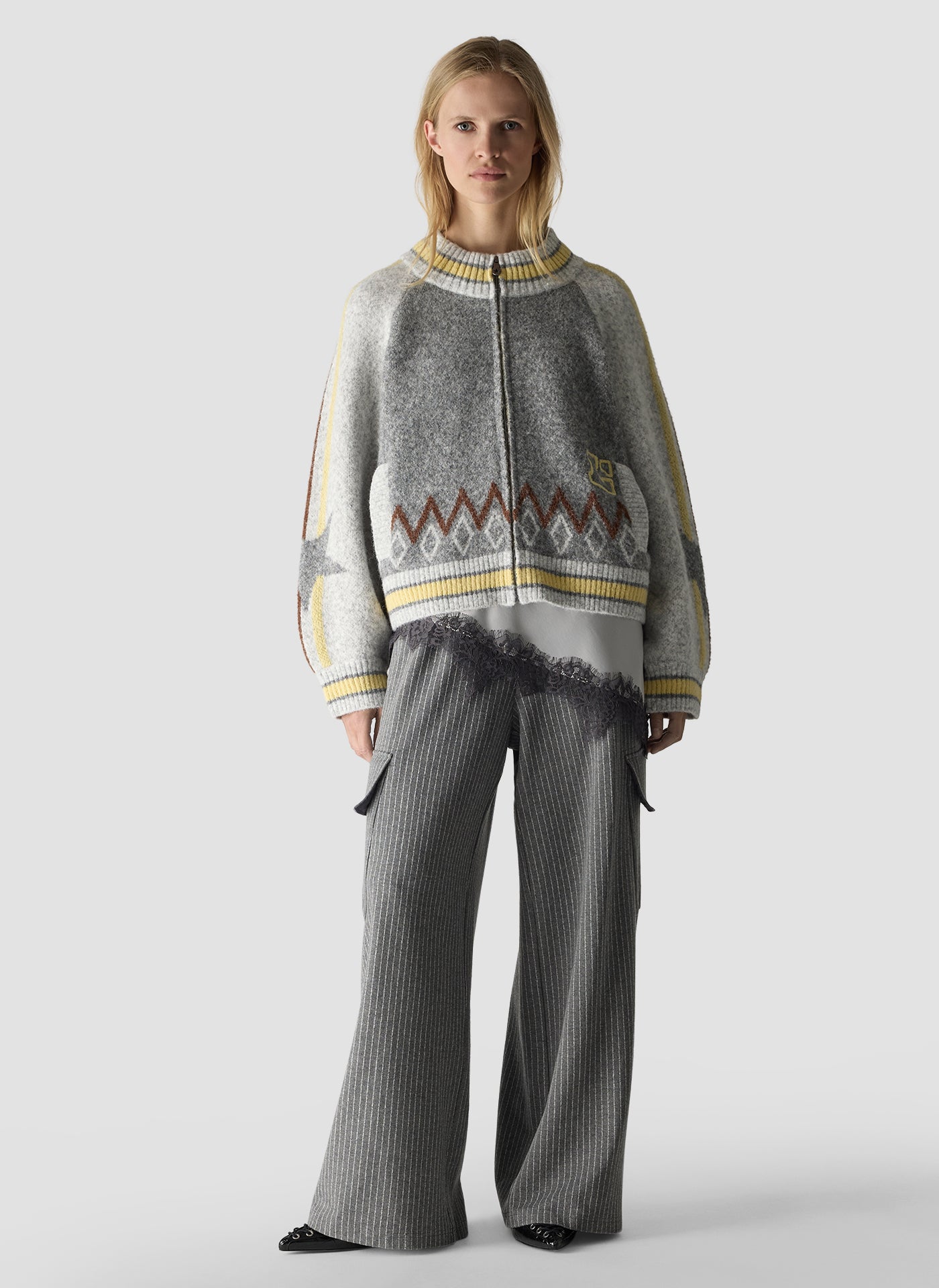 Patterned Zip-Up Cardigan in Light Grey Melange