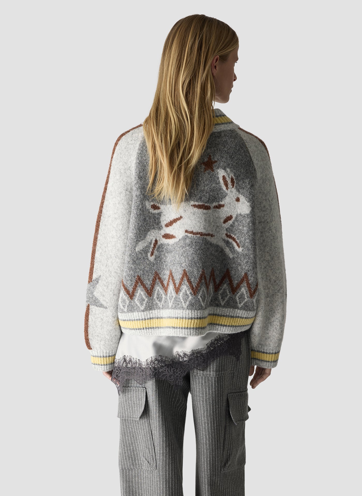 Patterned Zip-Up Cardigan in Light Grey Melange