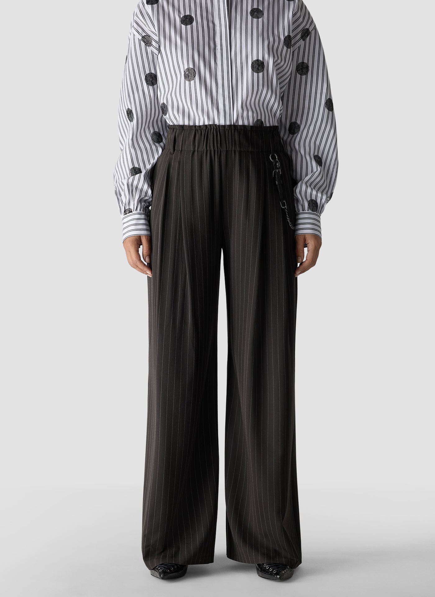 Wide Leg Pinstripe Trousers in Black