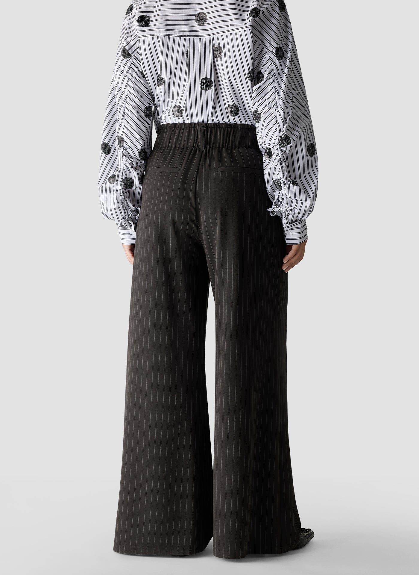 Wide Leg Pinstripe Trousers in Black