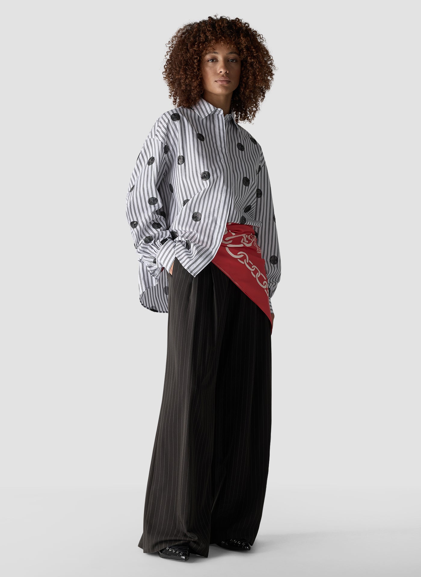 Wide Leg Pinstripe Trousers in Black