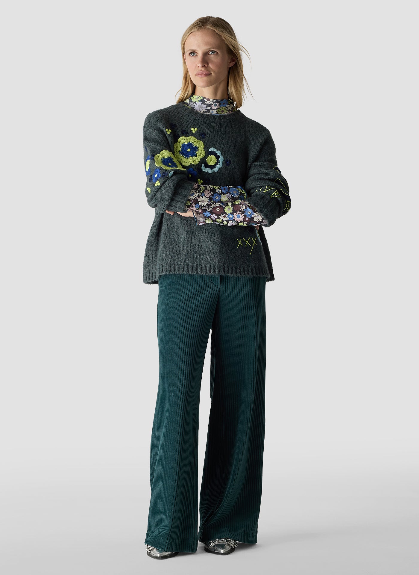 Long Sleeve Crew Neck Sweater in Petrol