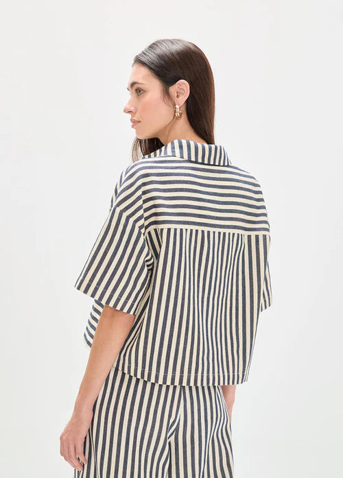 Short Sleeve Rustic Twill Striped Overshirt in Ecru/Blue