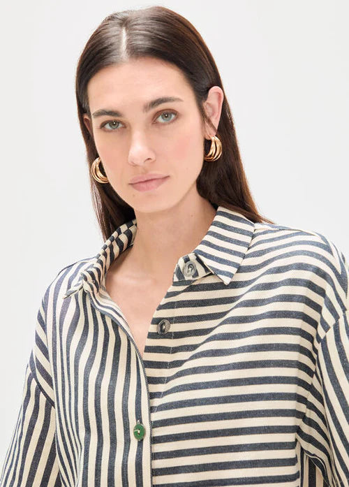 Short Sleeve Rustic Twill Striped Overshirt in Ecru/Blue
