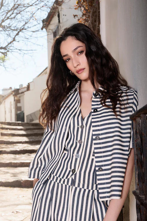 Short Sleeve Rustic Twill Striped Overshirt in Ecru/Blue