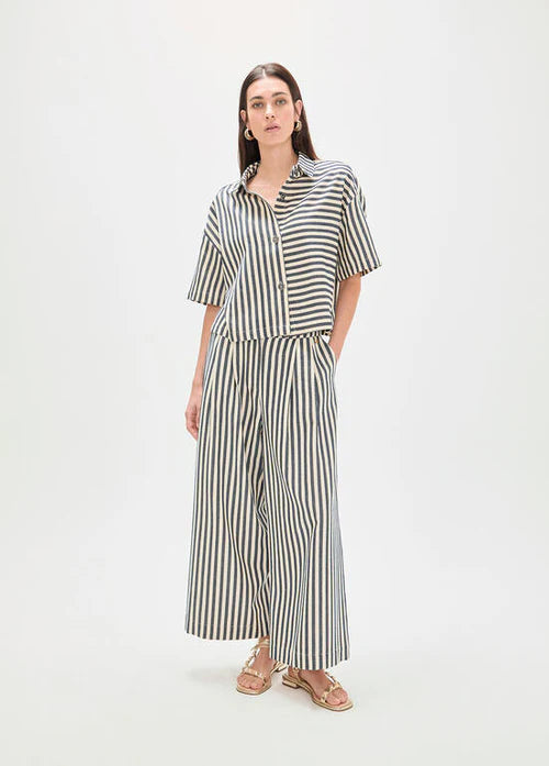 Short Sleeve Rustic Twill Striped Overshirt in Ecru/Blue