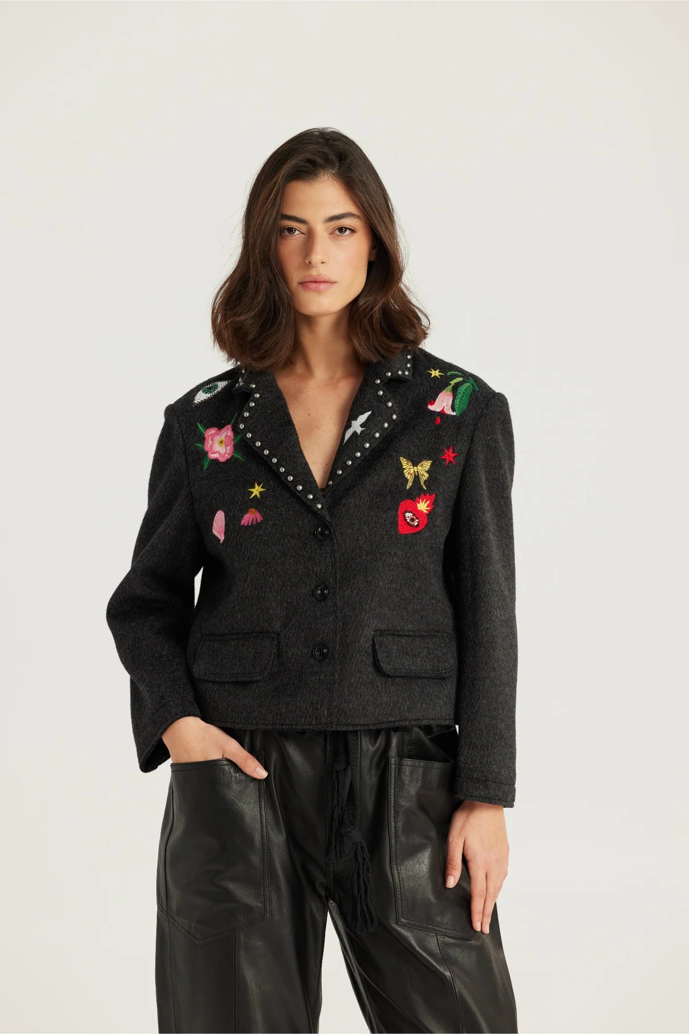 Heven Short Jacket With Embroidery in Dark Grey