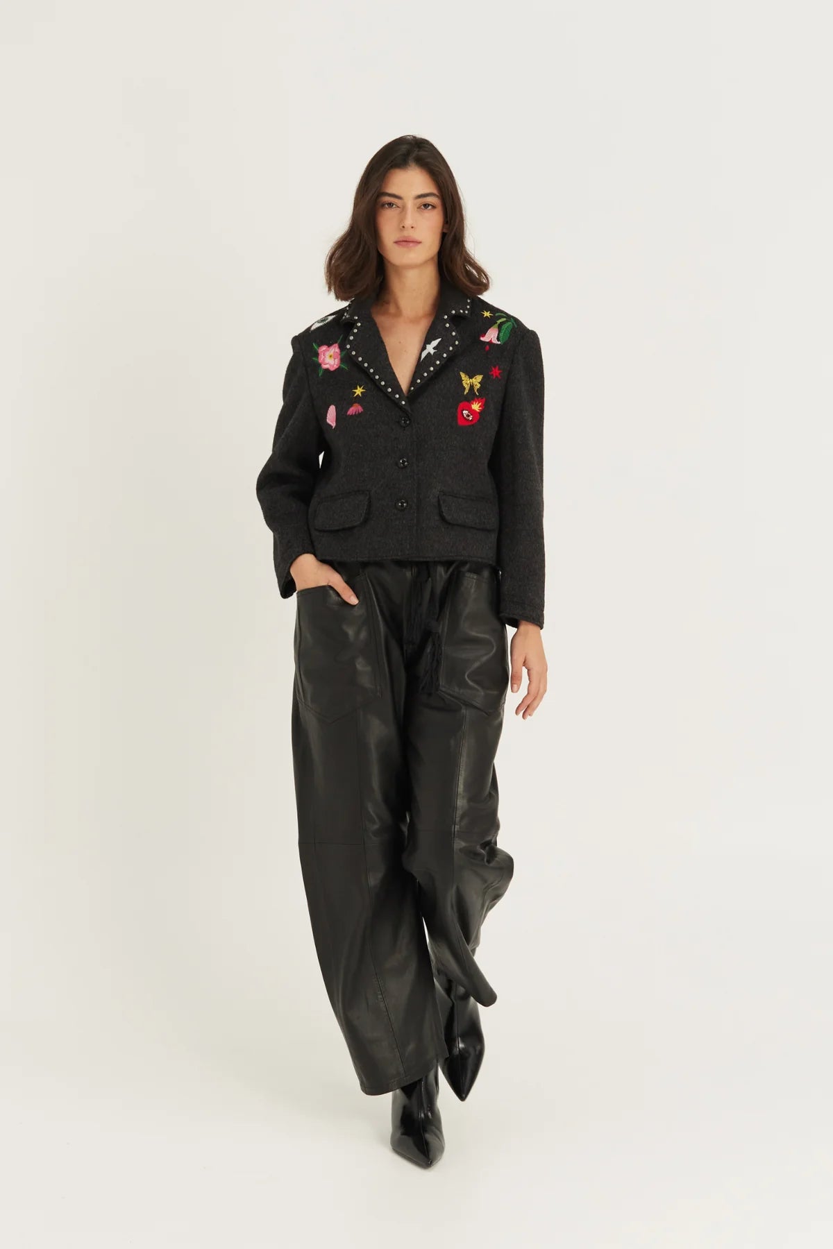 Heven Short Jacket With Embroidery in Dark Grey