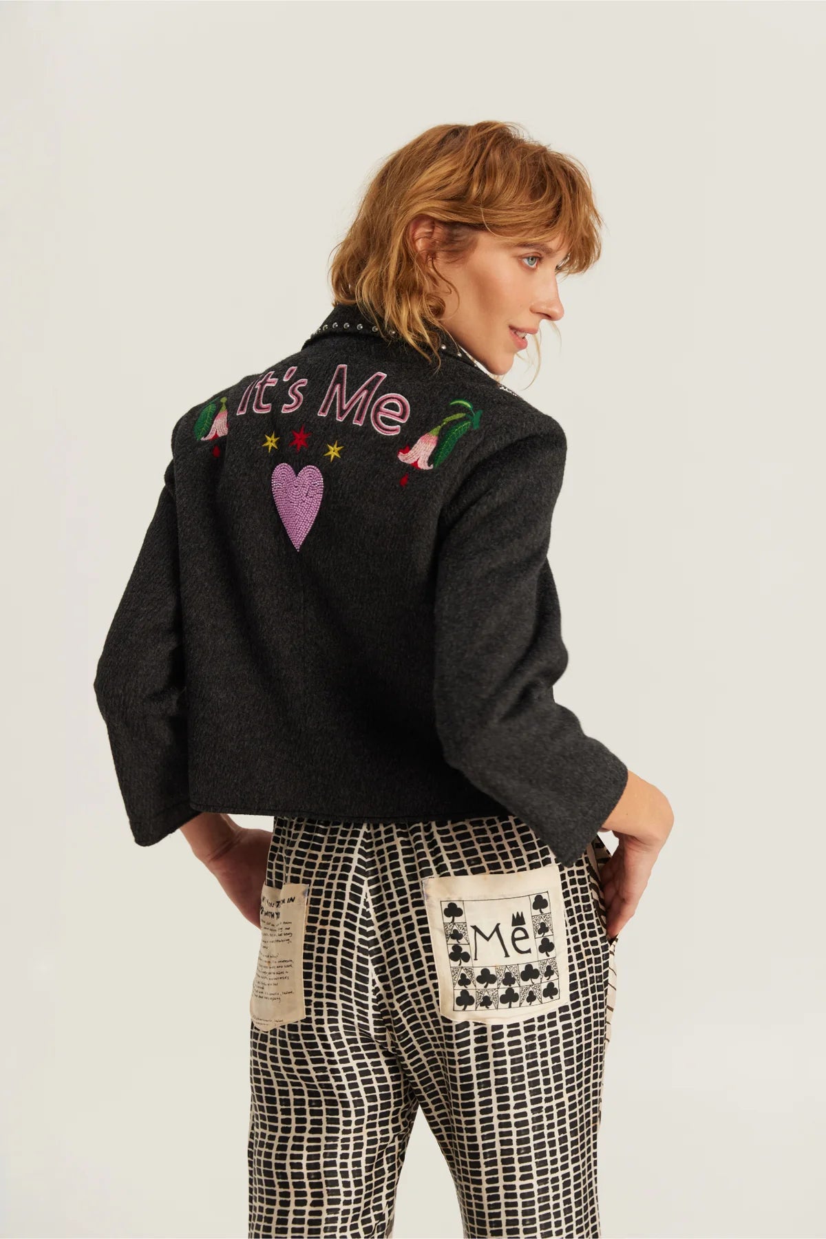 Heven Short Jacket With Embroidery in Dark Grey