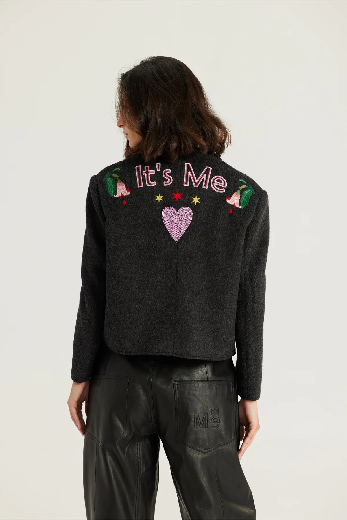 Heven Short Jacket With Embroidery in Dark Grey