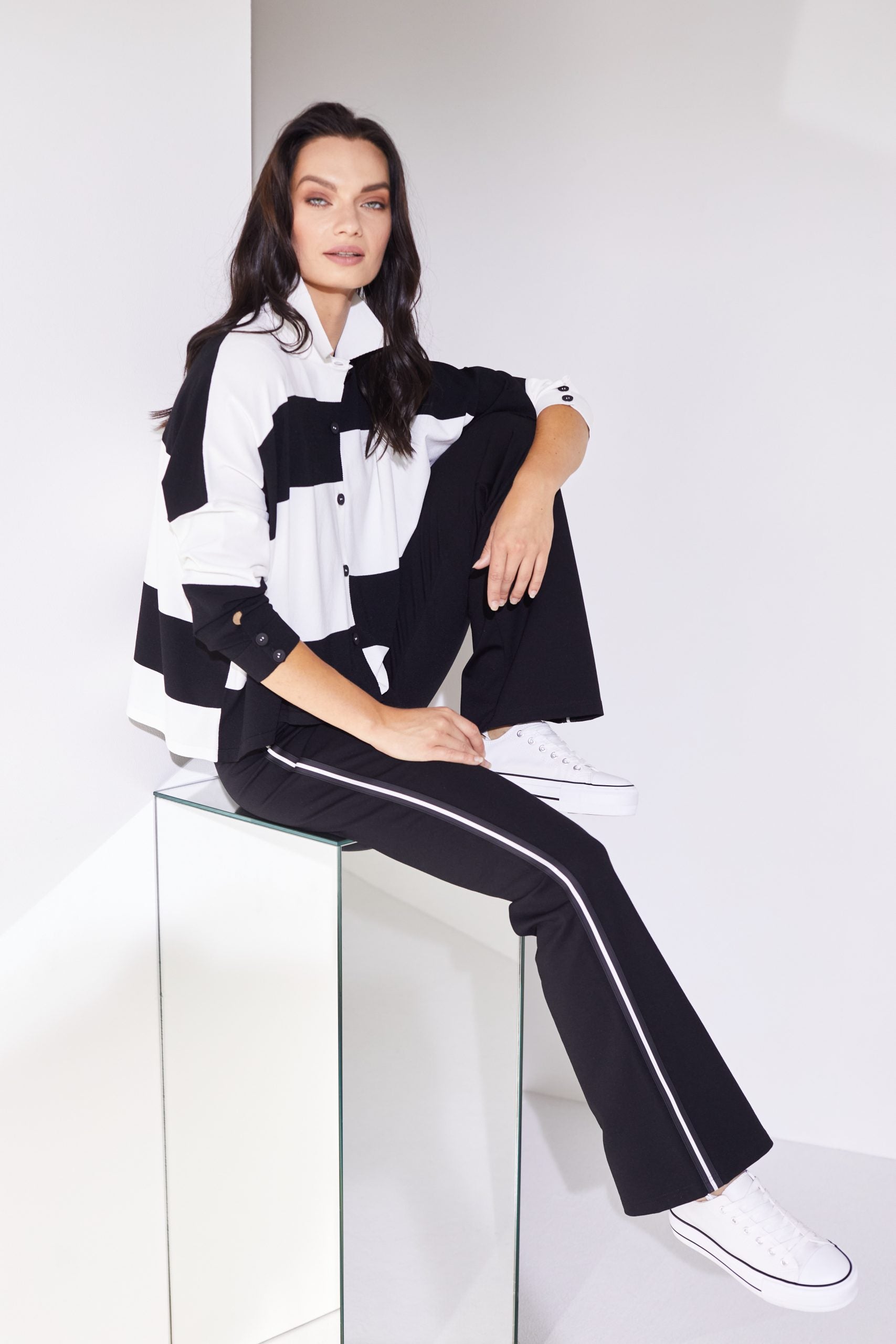 Flare Trouser with Trim in Black/White