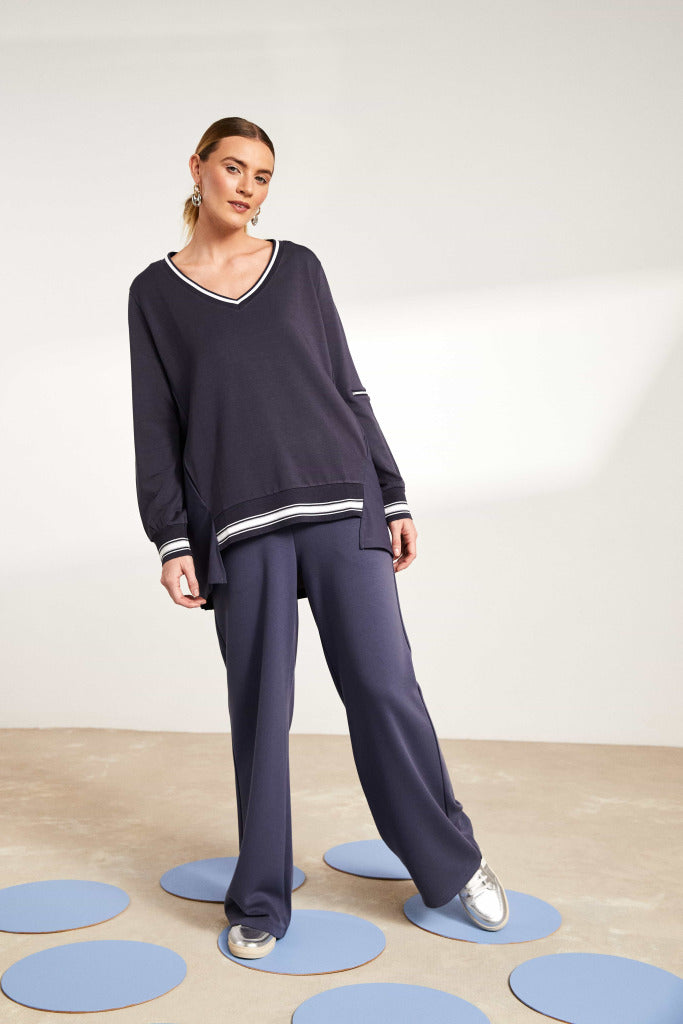 Wide Leg Trouser with Rib Detail at Waist in Anthracite