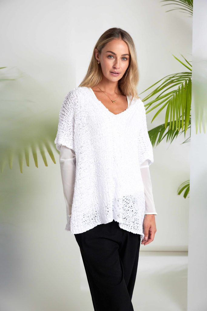 V Neck Waffle Effect Knit in White
