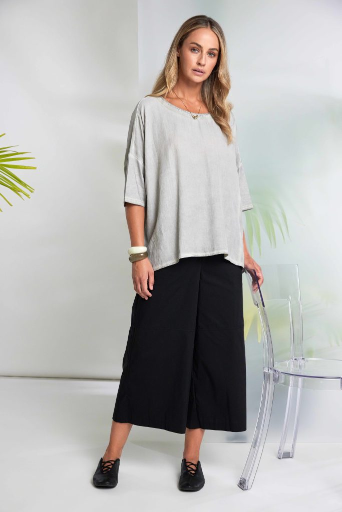 Faded Washed Effect Round Neck Top in Taupe