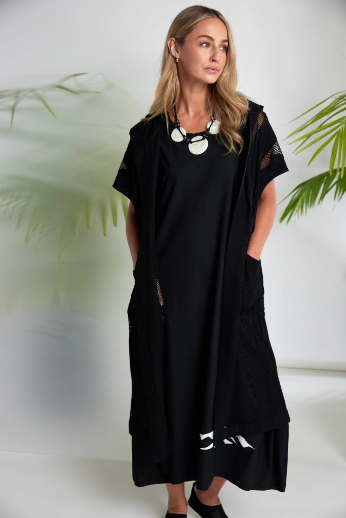 Long Line Hooded Jacket With Mesh Insets in Black