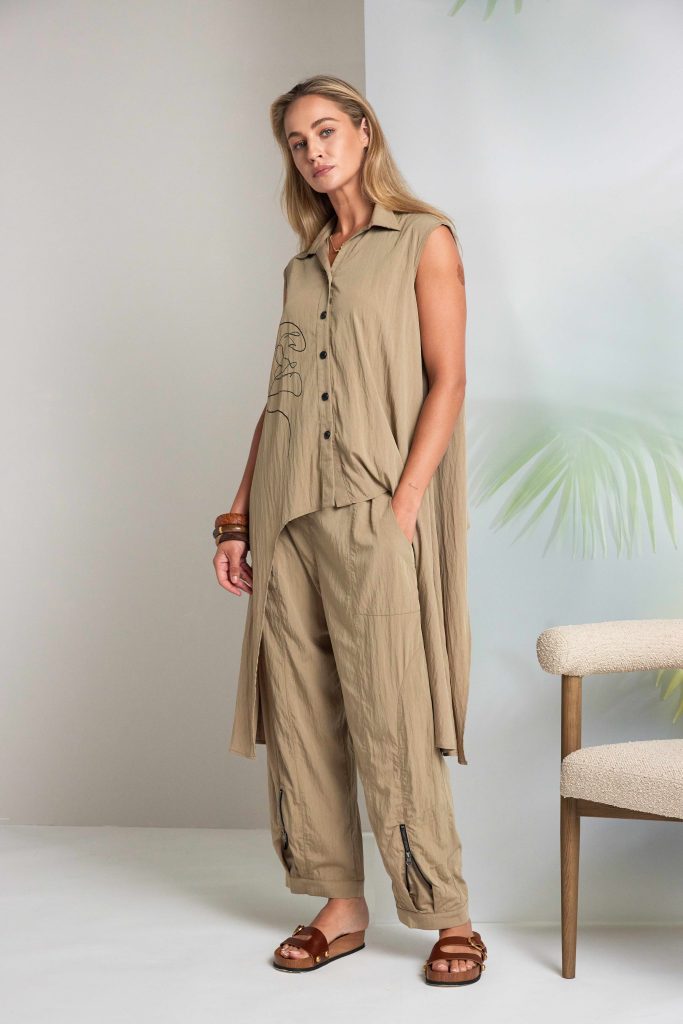 Pull Up Trouser With Zip Detail At Cuff Hem in Tan