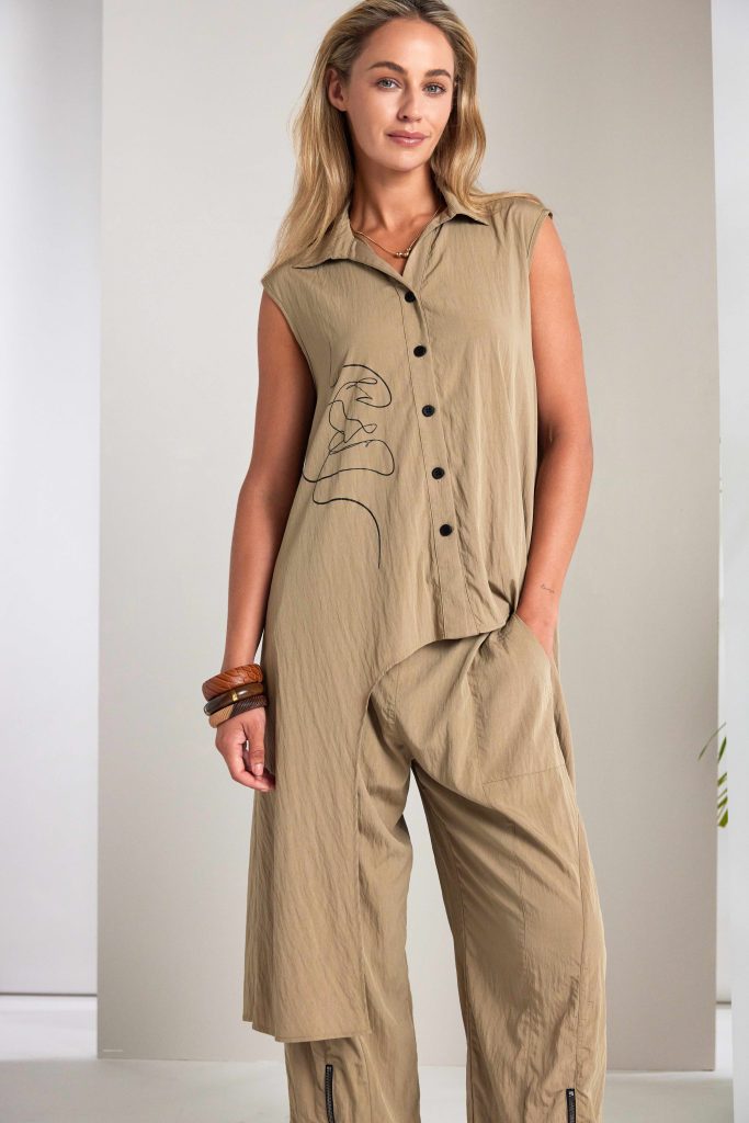 Placement Print Top With Long Side Panels in Tan