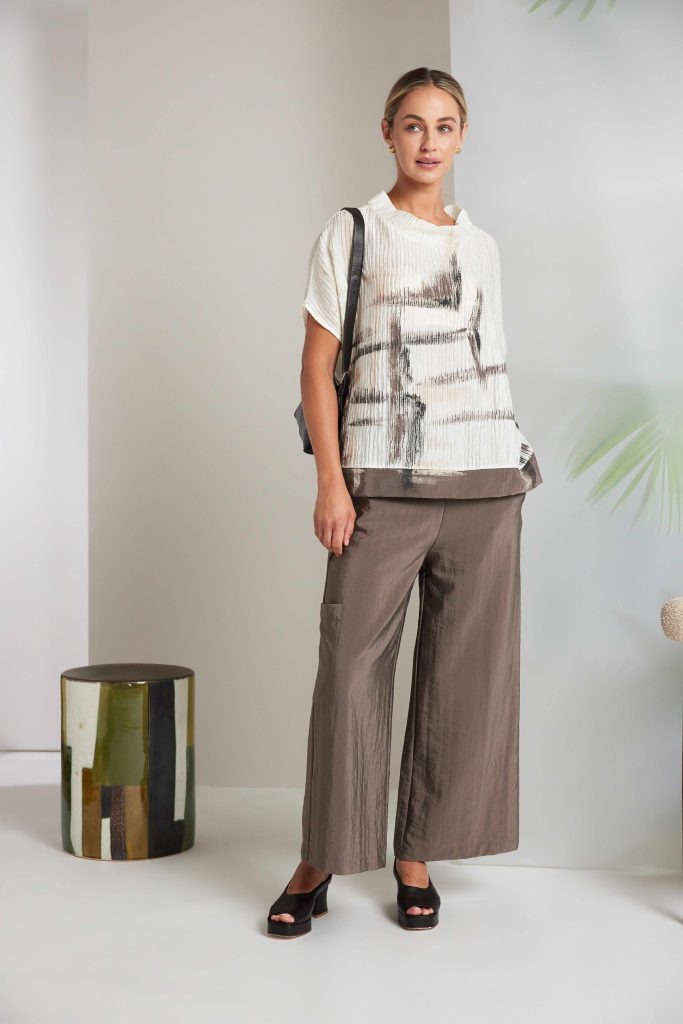 Rippled Print High Neck Top in Cream/Taupe